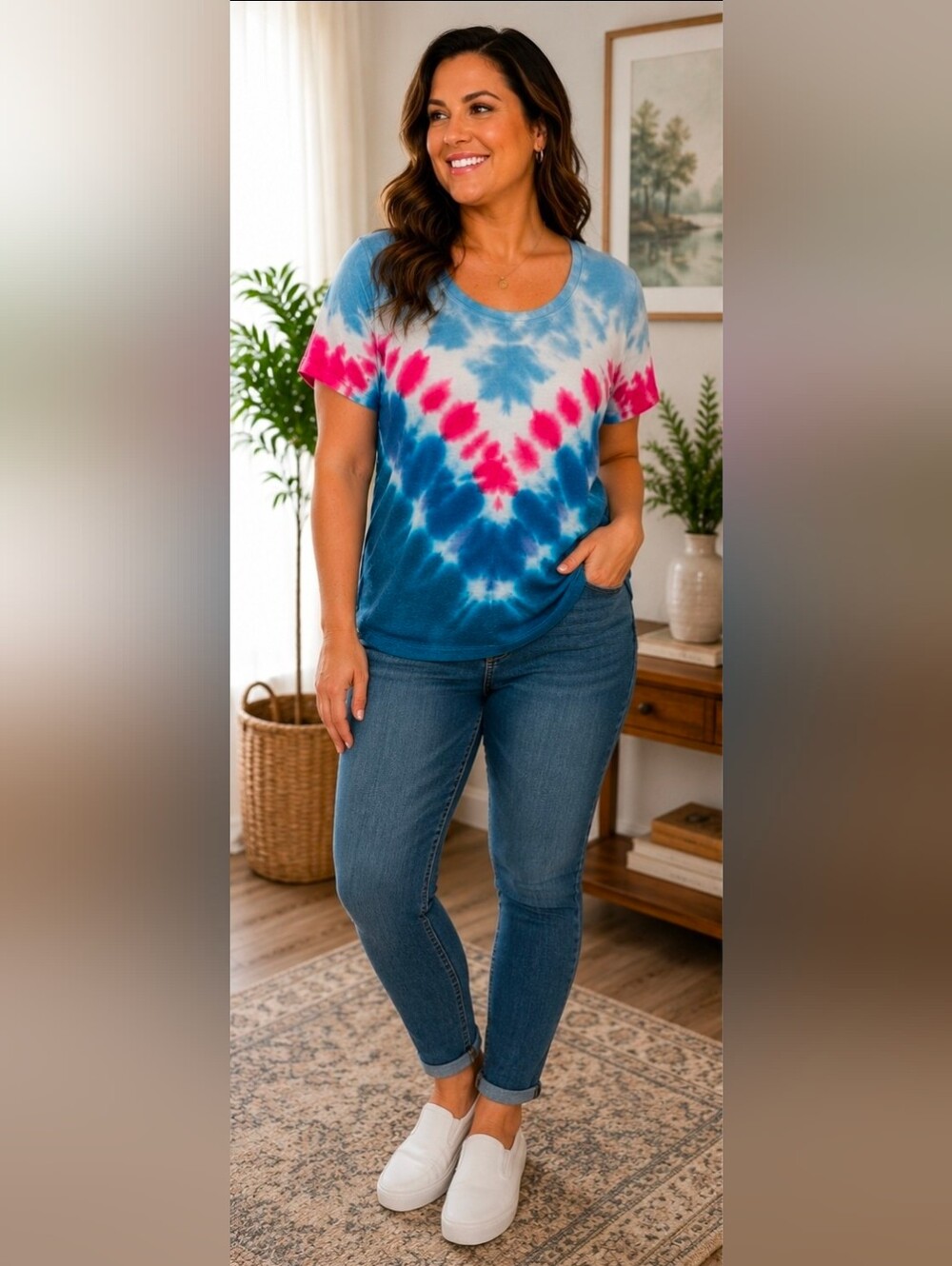 LIVI Red, White & Blue Tie Dye Open Back Tunic Top Women's Size 14/16 Soft Stret